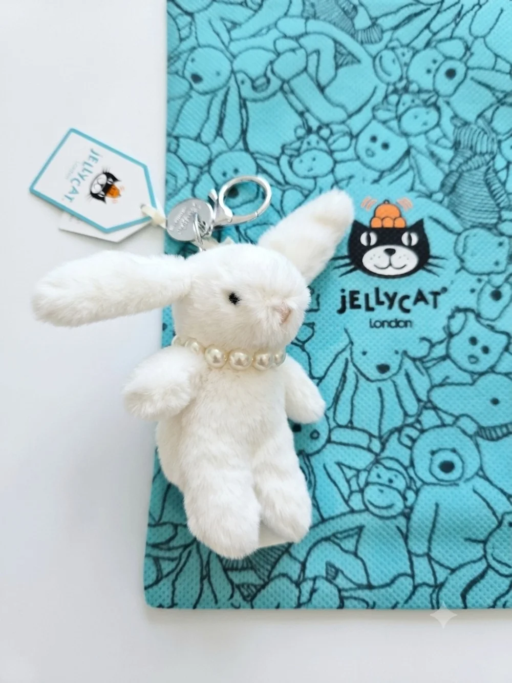 Jellycat Cream Bunny Bag Charm With Pearl Necklace